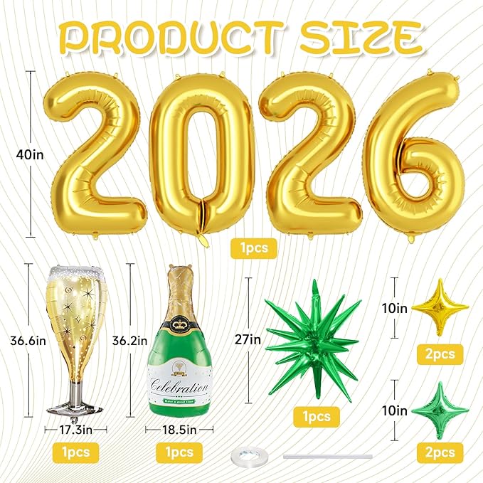 Gold 2026 Balloons, 40 Inch Number Gold Foil Balloons, Gold and Green Star Balloon with Champagne Bottle Glass Balloon for Happy New Years Eve Party Supplies 2026 Class of 2026 Graduation Decorations