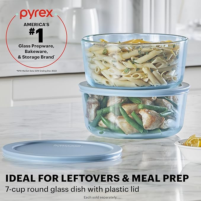 Pyrex Colors Tinted (7 Cup) Large Round Food Storage Container, Snug Fit Non-Toxic Plastic BPA-Free Lids, Freezer Dishwasher Microwave Safe