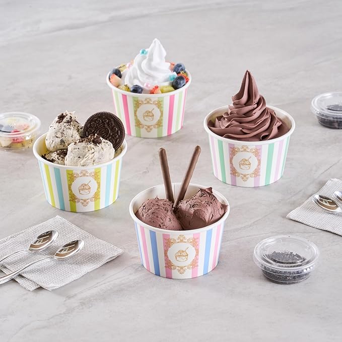 Coppetta 8 Ounce Dessert Cups, 50 Greaseproof Ice Cream Cups - Lids Sold Separately, For Hot And Cold Foods, Pink And Blue Stripe Paper Yogurt Bowls, Disposable, Sturdy - Restaurantware