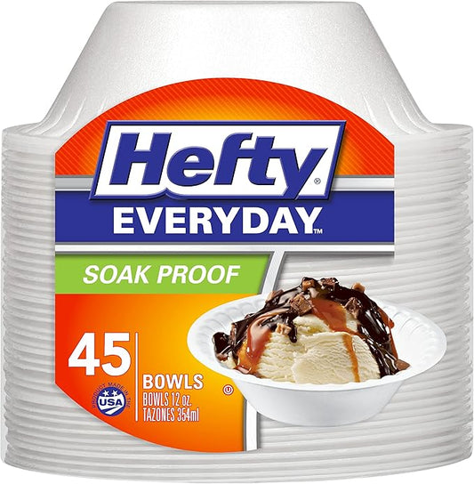 Hefty Everyday Soak-Proof Foam Bowls, White, 12 Ounce, 45 Count