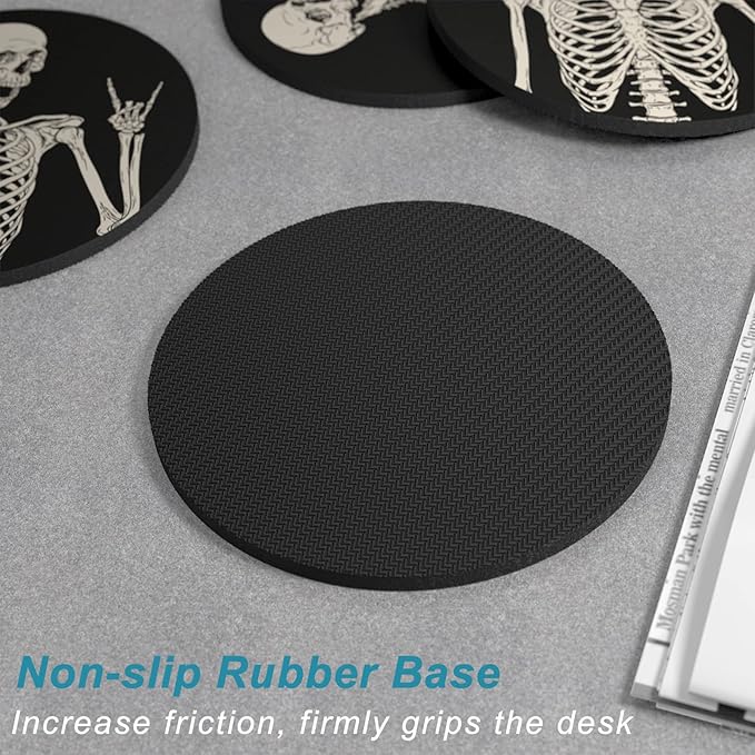 Nipichsha Coasters for Drinks, Set of 6 Cute Absorbent Rubber Drink Coasters for Cup with Non Slip Backing, Kitchen Home Decor Housewarming Gift, Round 4 in, Skull