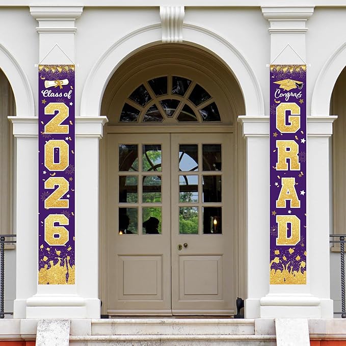 2026 Graduation Party Decorations - Purple Gold Class of 2026 Congrats Grad Porch Sign Banner Hanging Flag Graduation Party Supplies for School College Classroom Decor