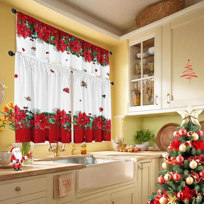 Christmas Poinsettia Curtain Valances Set of 3 Panels,Red,White&Green Rod Pocket,Festive Decor for Kitchen Bedroom, Bathroom,Laundry,52x18 Inch + 2x36x26 Inch