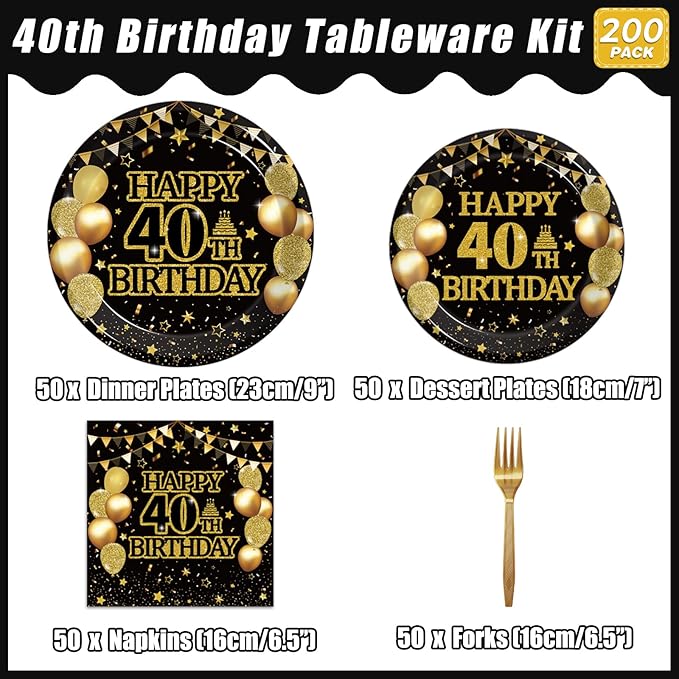 200Pcs 40th Birthday Party Tableware Set, Back in 1986 Birthday Party Decorations Supplies for Men Women Cheers to 40 Years Birthday Party Dessert Plates Napkins Forks Favors, Serve 50