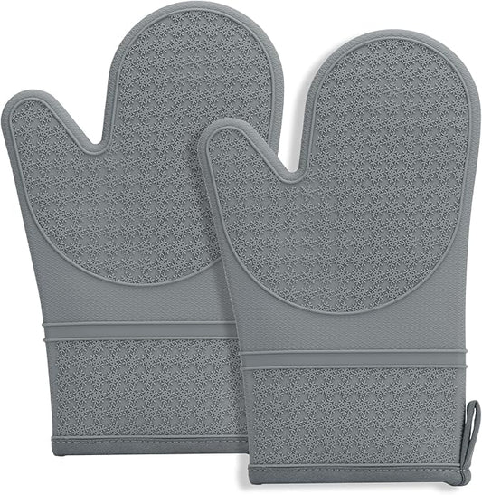 Hovico Silicone Oven Mitts, Heat Resistant 500F Kitchen Mitts 2PCS, 11.6" BPA-Free Soft Baking Gloves, Non-Slip Grip Oven Gloves with Soft Cotton Lining for Kitchen Cooking Baking BBQ - Gray