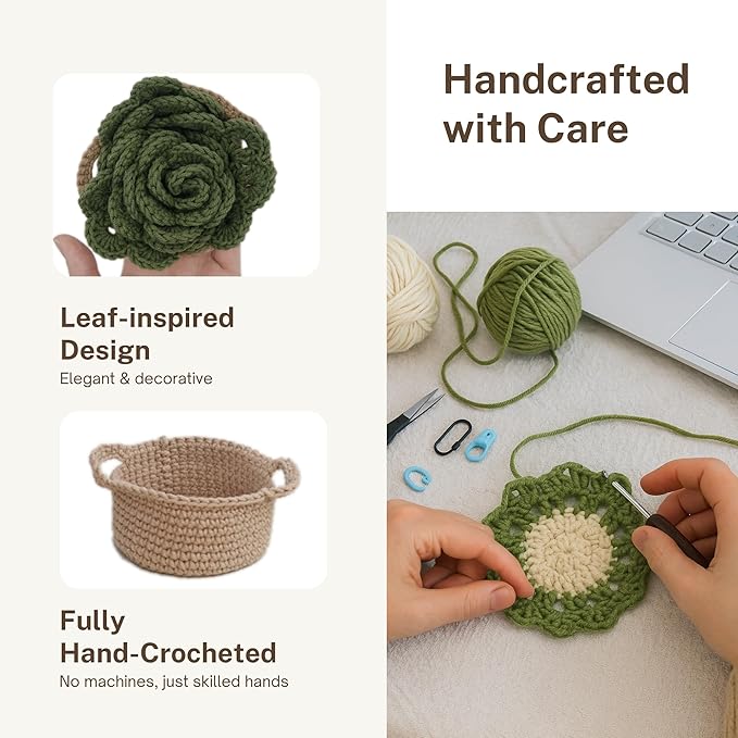 DICHA Crochet Leaf Pot Coasters-Container Beverage Coaster Sets with Holder Bar Coasters for Drinks Coffee Table Desk-Succulent Plant Pot Coaster-Set of 5