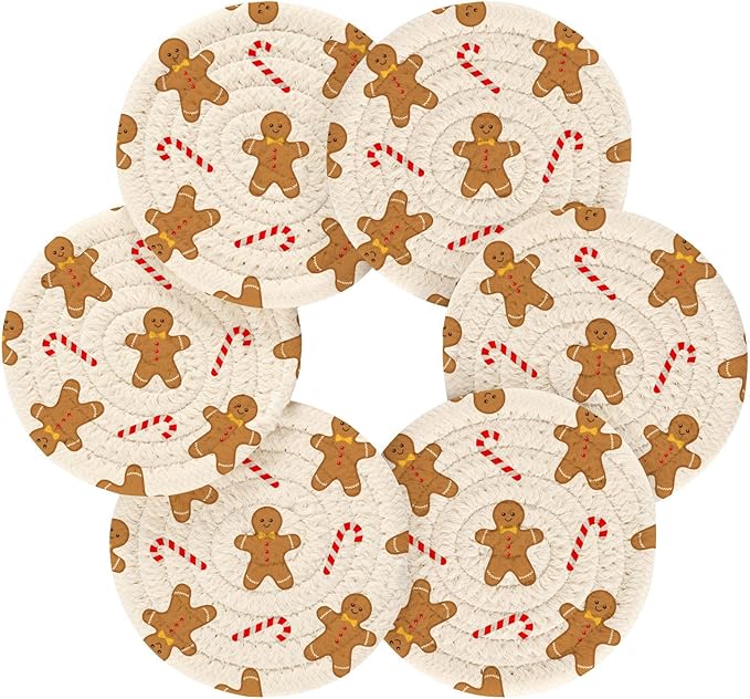 YETTASBIN Christmas Gingerbread Man 6 Pcs Drink Coasters with Holder, Cotton Woven Absorbent Heat-Resistant Round Coaster Set Tabletop Protector for Kitchen Bar Home Decor Housewarming Gift, 3.9 in