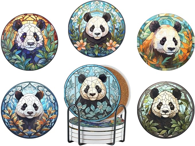 Panda Gifts for Girls Women Adults, Panda Coaster Home Decor for Birthday Christmas Thanksgiving, Set of 6, Ceramic, Absorbent with Cork Base