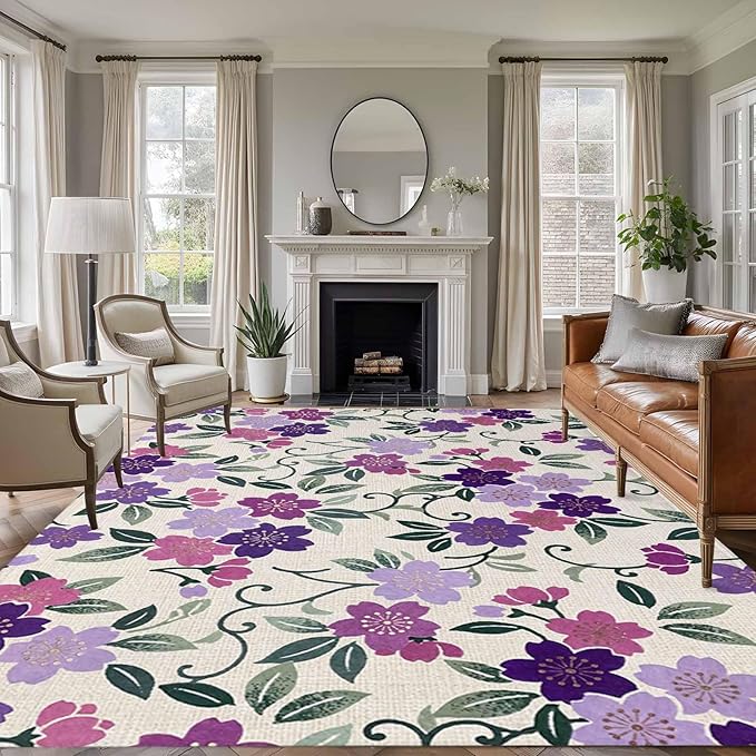 Area Rug 9x12ft, Watercolor Country Flowers Washable Rugs for Living Room Bedroom Rectangle Floor Carpet, Plum Blossoms on Linen Soft Non-Slip Area Rugs for Dining Room