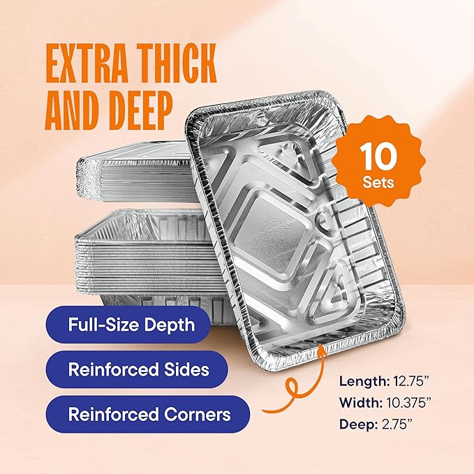 Aluminum Pans 9x13 Disposable Aluminum Foil Pans with Lids [10-Sets] Large Baking Pan Trays - Heavy Duty Tin Tray & Lid - Half Size Chafing Dishes for Roasting, Cooking, Heating or Steam