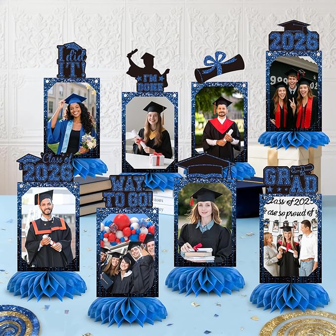9 PCS Graduation Party Decorations Class of 2026 Honeycomb Centerpieces, Honeycomb Centerpieces for Graduation Photo Toppers Table Decorations. (Grad.Blue)