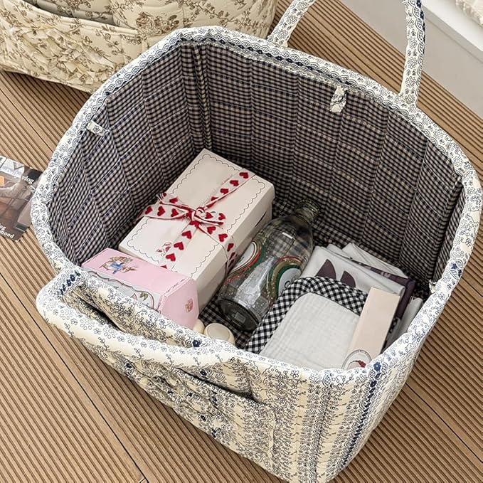 HiTotes Floral Storage Car Basket Diaper Caddy Organizer Quilted Laundry Basket Foldable Nursery Hamper Bag