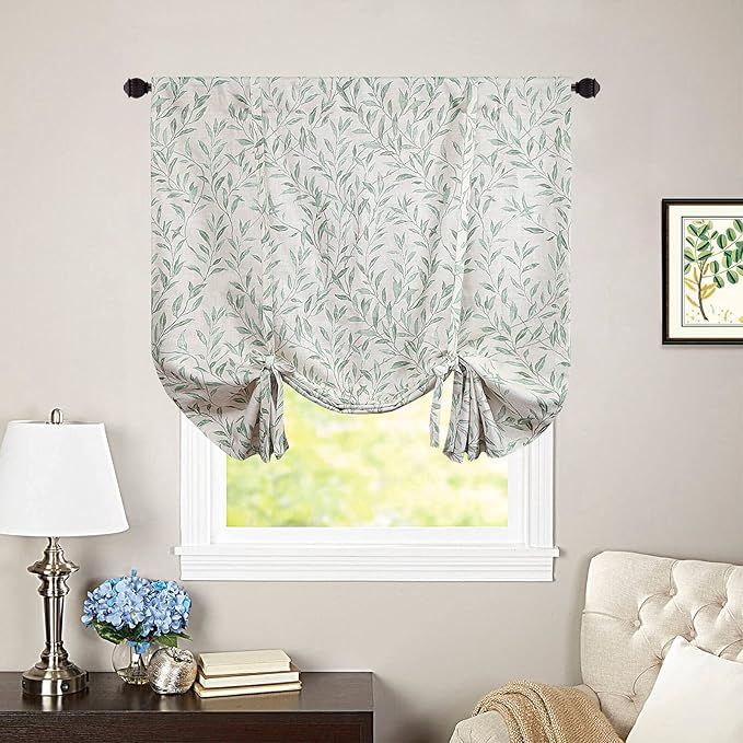 VOGOL Tie Up Window Shade Rod Pocket Panel, Lovely Leaf Print Curtains for Kitchen Windows 63 Inch Length Curtain Panels for Bathroom Small Cafe, Green