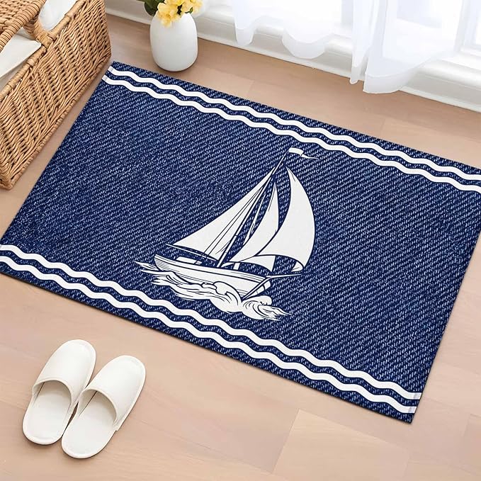 Area Rug 2x3ft, Nautical Sailing Boat on Steel Blue Washable Rugs for Living Room Bedroom, Vintage Water Waves Soft Non-Slip Area Rugs Rectangle Floor Carpet for Dining Room
