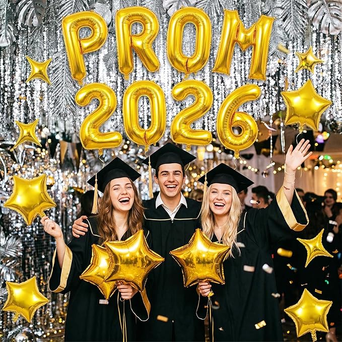Prom 2026 Balloons Banner, 16 inch Gold letter Balloons Prom 2026 Sign Decoration with Gold Star Balloon for Class of 2026 Congrats Grad Party Birthday Retirement High School Graduation Party Supplies