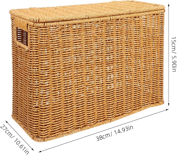 Hemoton Woven Basket Storage Organizer with Lid and Handle 15 Inch Narrow Tall Container for Home Toys Magazines and Sundries