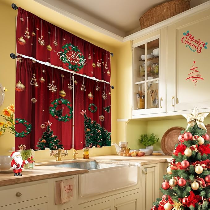 Christmas Valances Curtain Set - Red and Green Christmas Tree and Wreath Pattern, Rod Pocket 3 Panels for Kitchen Bedroom Bathroom Window Decor