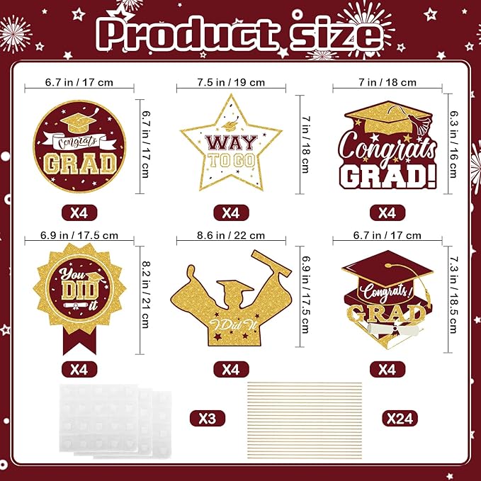 2026 Graduation Party Decorations - 24 Pcs Class of 2026 Congrats Grad Table Centerpieces Graduation Table Decorations Sticks Table Toppers for Graduation Party (Maroon Gold)