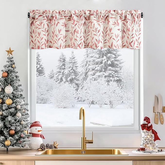 Leeva Valances for Kitchen Windows - Farmhouse Leaves Print Rod Pocket Window Treatment for Door Head & Living Room, 52 x 12, Red, One Panel
