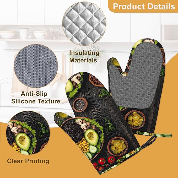 Healthy Food Oven Mitts and Pot Holders Set of 4,Kitchen Glove Heat Resistant Oven Mitts with Non-Slip Silicone for Baking, Cooking, BBQ