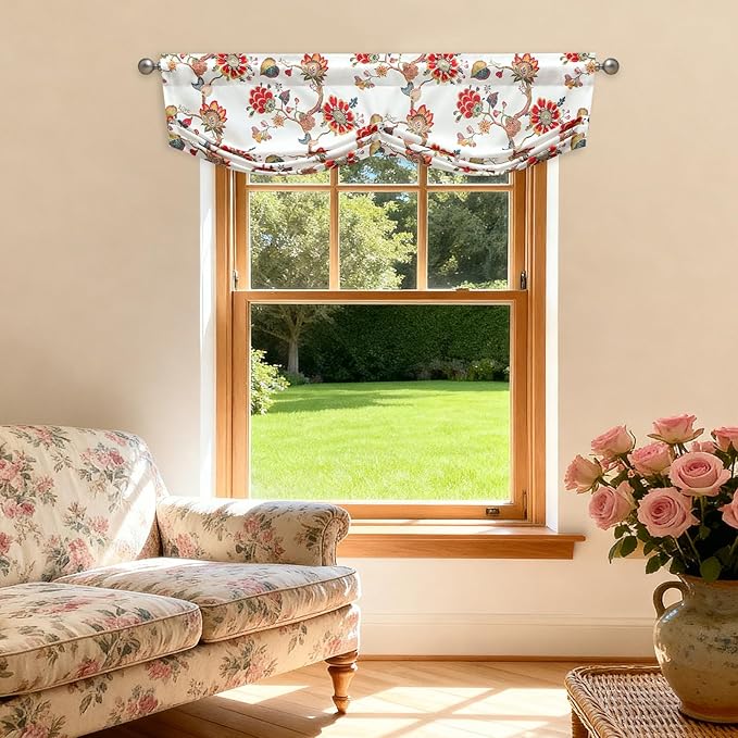Leeva Red Vintage Floral Pleated Valance, Linen Textured Rod Pocket Curtain Topper for Living Room Windows, Retro Flower Print Farmhouse Window Treatment, 52x14 Inches, Classic Country Style