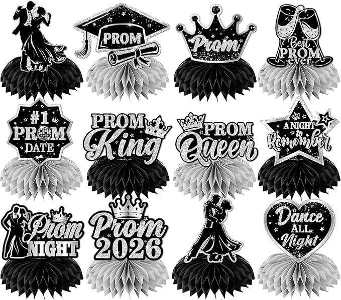Prom Decorations 2026 Honeycomb Centerppieces, 12Pcs Black and Silver Prom Centerpieces for Table Prom Night Table Decorations High School College Graduation Celebration Prom Party Favors