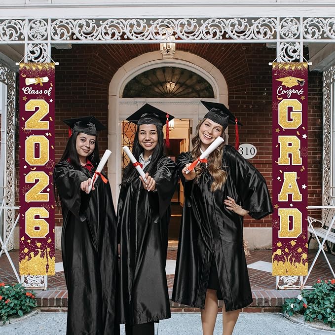 2026 Graduation Party Decorations - Maroon Gold Class of 2026 Congrats Grad Porch Sign Banner Hanging Flag Graduation Party Supplies for School College Classroom Decor