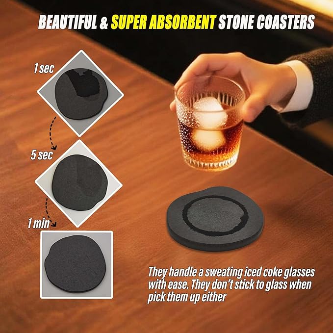Diatomite Coasters Set of 6 | Absorbent Coasters for Drinks Cute Modern Unique Aesthetic Stone Coaster for Desks Coffee Table, Instant Drying, with 24 Scratch Protection Pads, Dark Grey