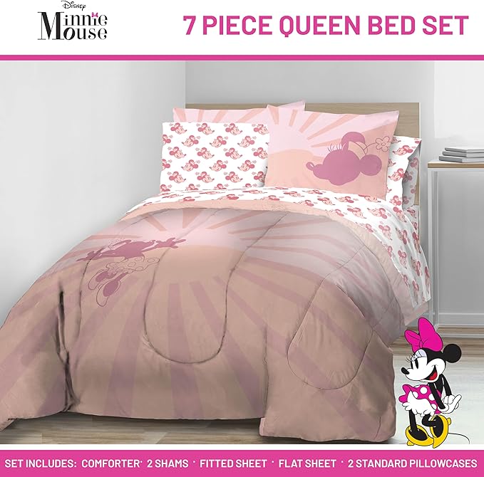 Disney Minnie Mouse Queen Size Comforter Set - 7 Piece Bedding Includes Sheet Set & Pillow Covers - Super Soft Cozy Pink Bedding