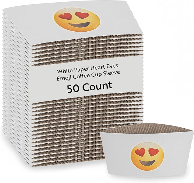 Restaurantware SLEEVES ONLY: Restpresso 5.1 x 2.8 Inch Coffee Cup Sleeves 50 Corrugated Hot Cup Sleeves - Heart-Eye Emoji Heat-Tolerant White Paper Disposable Coffee Sleeves Secure Grip