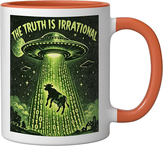 UFO The Truth Is Irrational Cow Abduction 3.14 Math Pi Day Ceramic Mug, Orange/White