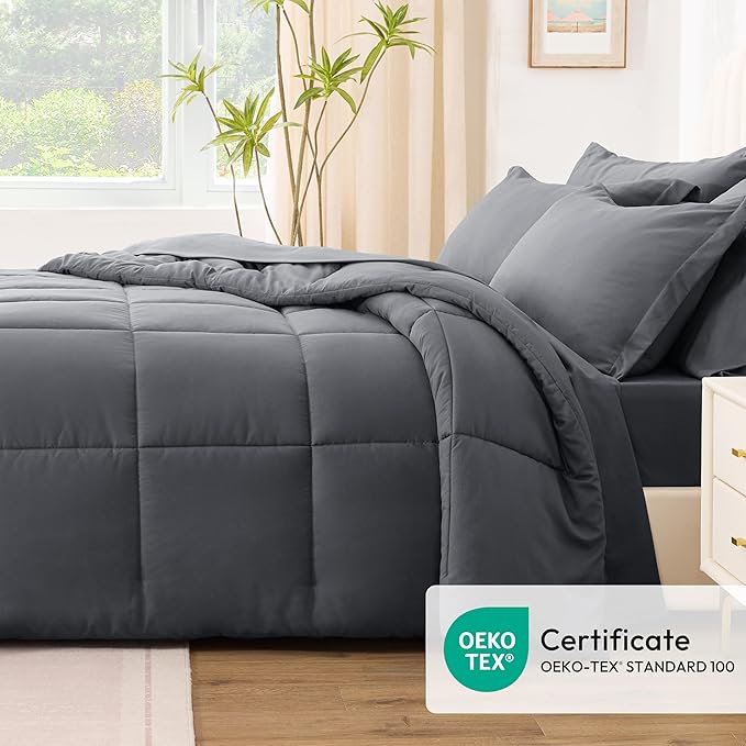 Love's cabin Twin XL Comforter Set Soot Grey, 5 Pieces Twin XL Bed in a Bag, All Season Bedding Sets with 1 Comforter, 1 Flat Sheet, 1 Fitted Sheet, 1 Pillowcase and 1 Pillow Sham | Soft, Breathable, Lightweight, Comfortable