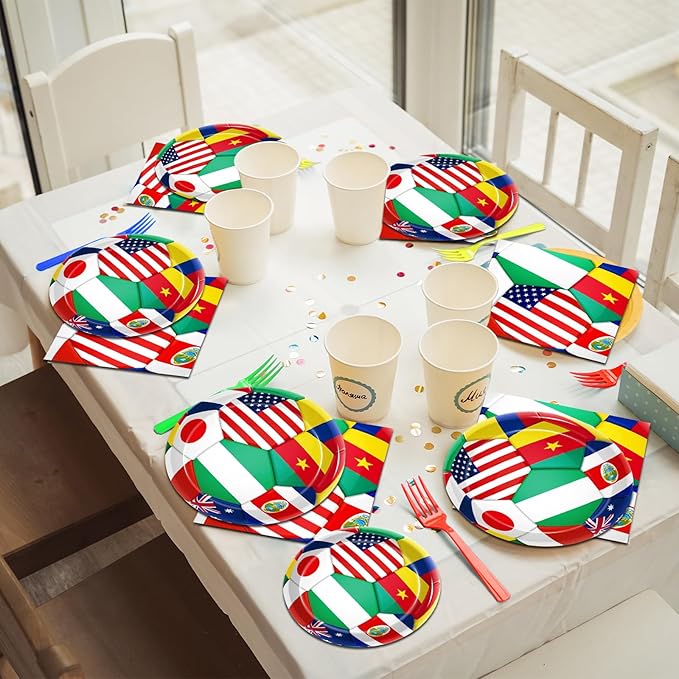 200Pcs World Cup Party Tableware Set, 2026 Soccer Ball Party Decorations Soccer Sports Events Festivals Supplies for International World Flags Disposable Paper Plates Napkins Forks Favors, Serve 50