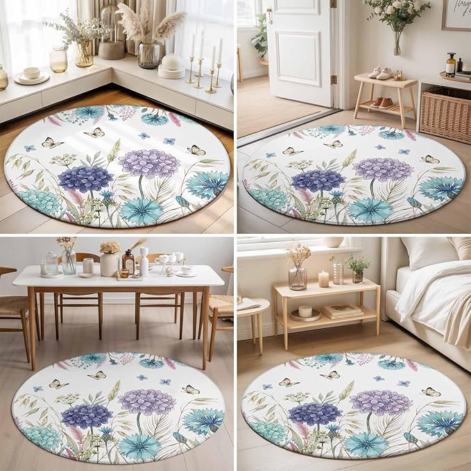 Washable Round Area Rug Spring Flower Thistle Hydrangea Circle Rugs Floor Carpet for Living Room Bedroom, Wild Garden Floral Butterfly Soft Non Slip Round Rug 5ft