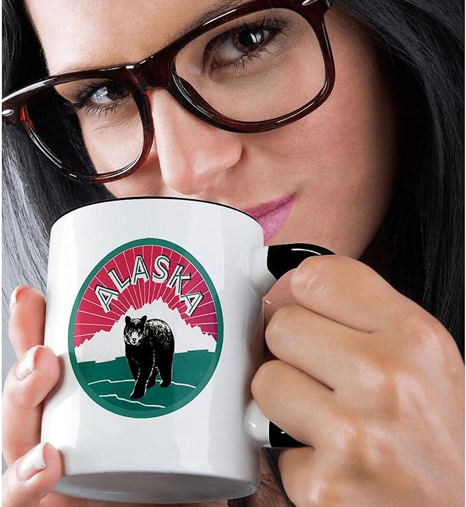 3dRose Alaska Luggage Label with Snow Covered Mountains and a Black Bear 11oz Two-Tone Black Mug