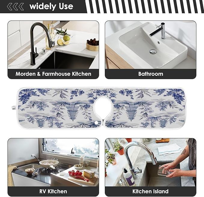 Kitchen Faucet Absorbent Mat, Ink Chinese Pagodas Trees Water Splash Guard for Sink, Faucet Drip Catcher Thicken Sponge Microfiber Faucet Water Catcher Mat Sink Absorbent Mat for Kitchen 23x5in 2Pack