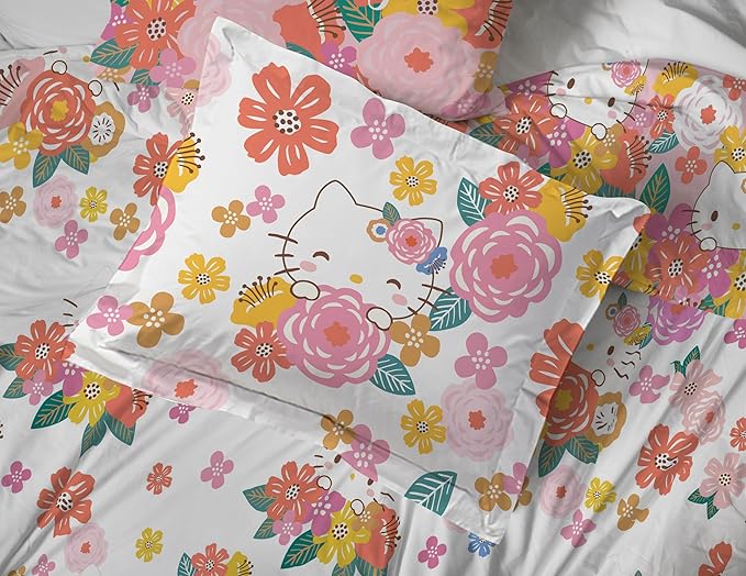 Jay Franco Hello Kitty Full Size Comforter Set - 7 Piece Bedding Includes Sheet Set & Pillow Covers - Super Soft Floral Bedding