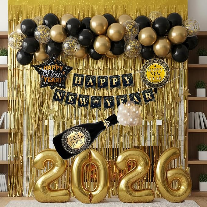 2026 New Year's Eve Decorations Kit - Black Gold White Confetti Balloons Happy New Year Banner, Jumbo 2026 Mylar Balloons,Curtain, Champagne Bottle for New Year's Eve Party Decorations