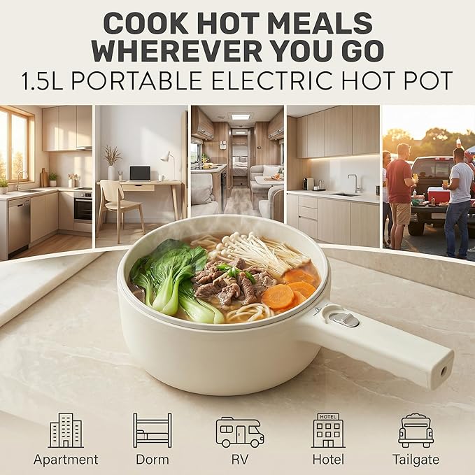 CERAMAX PRO Electric Hot Pot with Lid & Steamer, 2L Non Toxic Ceramic Cooker Skillet for Ramen, Eggs, Pasta for Dorms, Camping, RVs, Work, Adjustable Temp. - New Improved 2025 Model