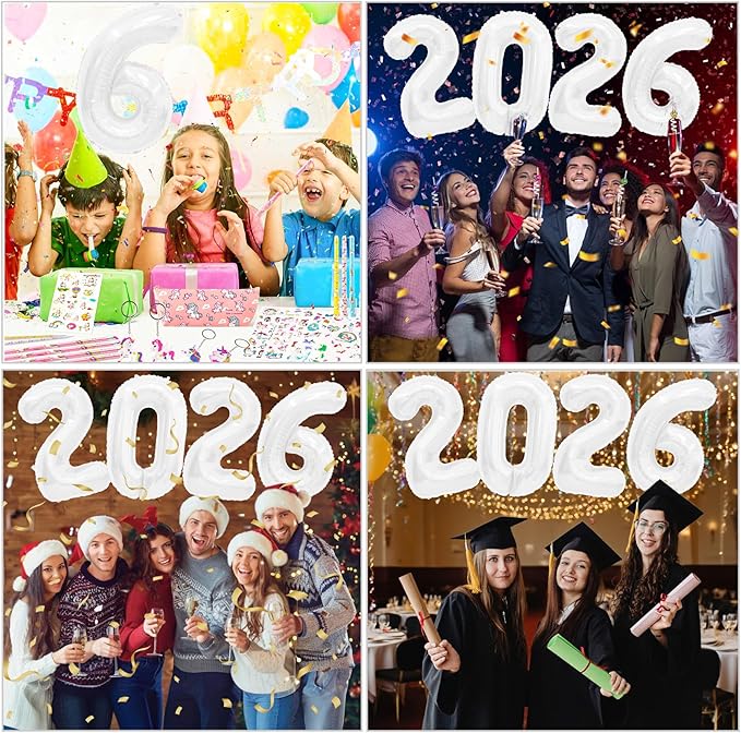White 2026 Balloons, 2026 Number Balloons, 40 Inch Large Foil Graduation Balloon 2026 Numbers for Graduation Decorations Class of 2026, Props, Birthday, Anniversary, New Year Eve Party Decoration