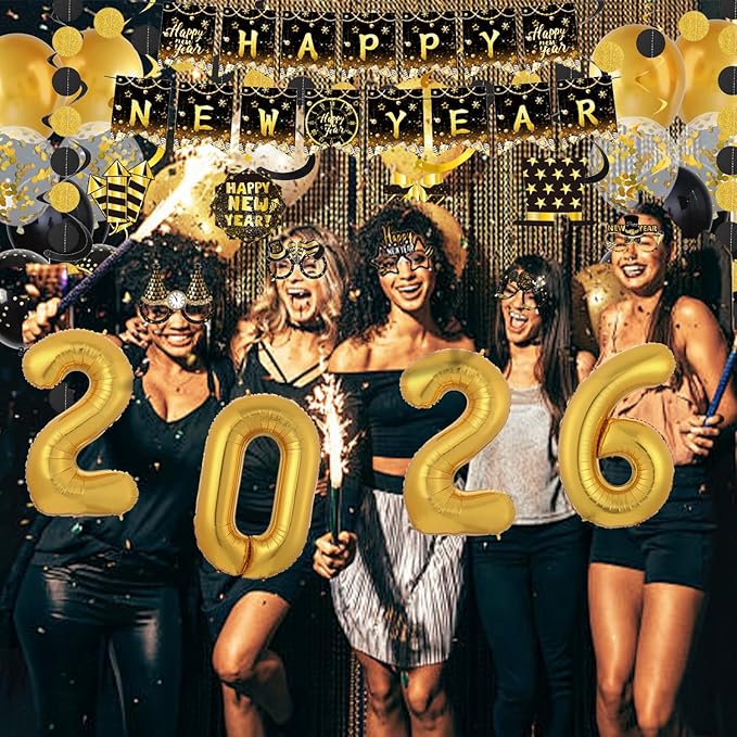 63 Pieces New Years Eve Party Supplies 2026 , Happy New Year Banner,Paper Glasses,Paper Photo Props,Hanging Swirls,Black Gold Circle Dots Garland and 2026 Foil balloons for New Years Party Decorations