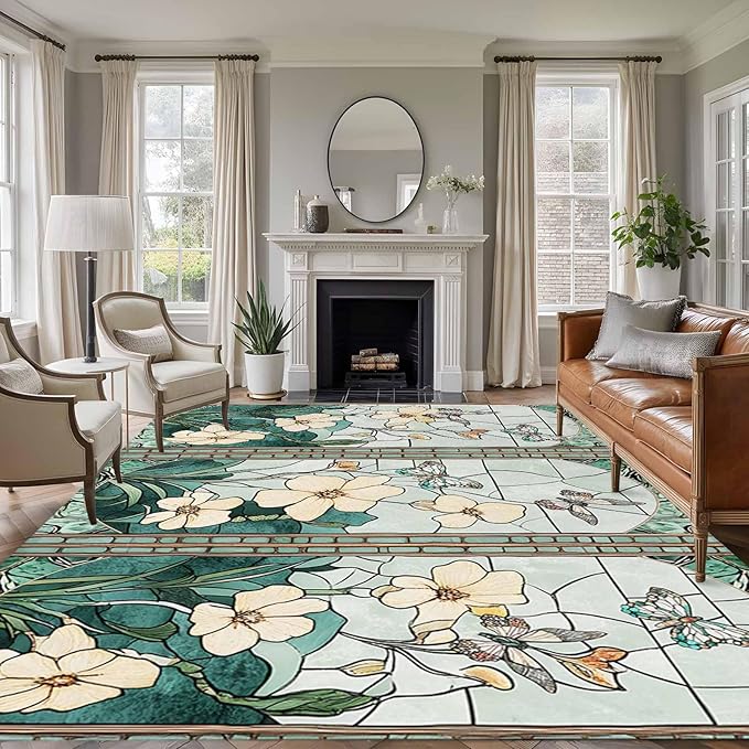 Area Rug 6x9ft, Spring Flower Colorful Butterfly Washable Rugs for Living Room Bedroom, Vintage Green Plant Soft Non-Slip Area Rugs Rectangle Floor Carpet for Dining Room