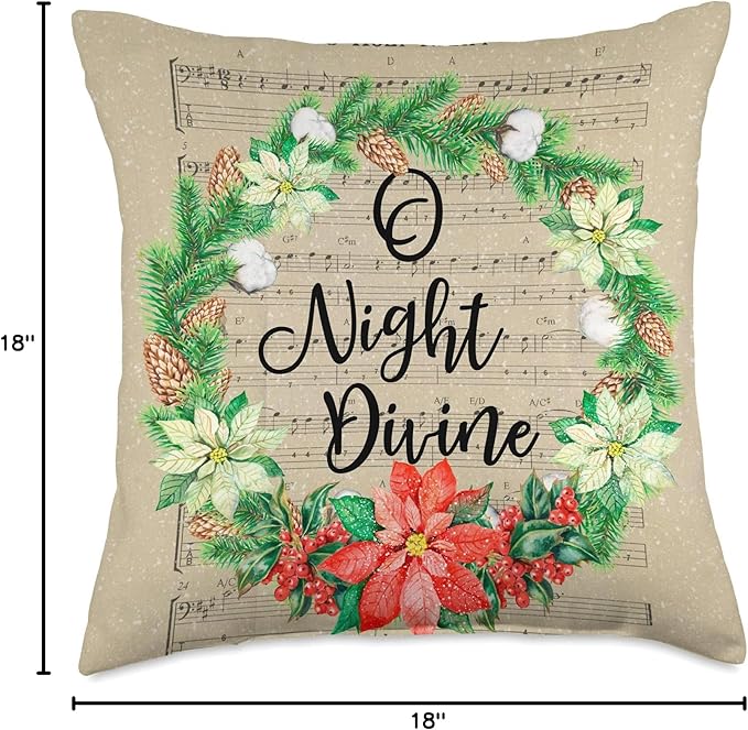 Christmas Sheet Music O Holy Night with Watercolor Wreath Throw Pillow