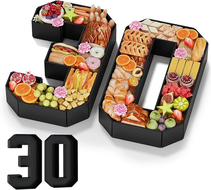 30 Cardboard Numbers for Charcuterie Numbers Fillable 13.8'' Black Paper Mache Number Shaped Cupcake Pans Board Box Trays Container for Food Candy 30th Birthday Party Decorations Anniversary