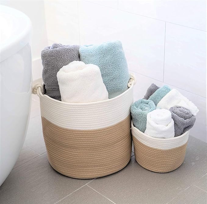 Little Hippo 2pc Large Cotton Rope Basket, White (16"x15") 100% Natural Cotton! Laundry Basket, Woven Storage Basket, Blanket Basket Living Room, Toy Storage Basket, Pillow Basket, Round Basket