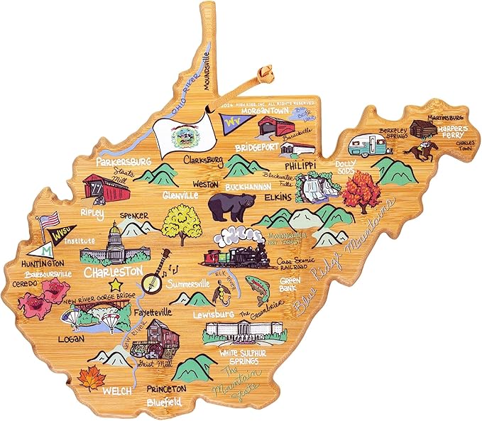 Totally Bamboo West Virginia State Shaped Cutting Board and Charcuterie Serving Platter with Artwork by Fish Kiss, Includes Hang Tie for Wall Display