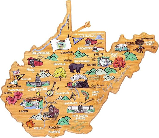 Totally Bamboo West Virginia State Shaped Cutting Board and Charcuterie Serving Platter with Artwork by Fish Kiss, Includes Hang Tie for Wall Display