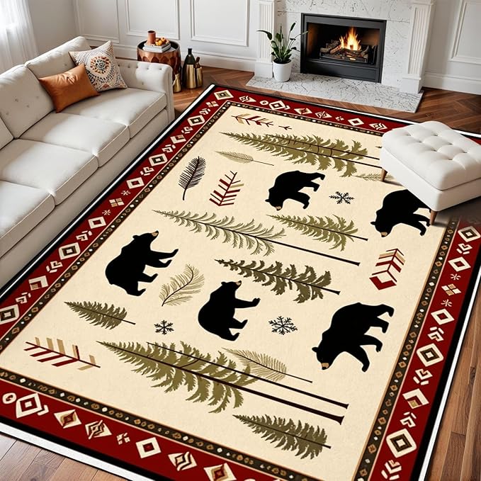 8x10 Area Rugs for Bedroom Boho Washable Man Cave Rug for Living Room Rustic Bear Pine Tree Wilderness Autumn Elements Soft Rubber Backed Non-Slip Large Carpets for Boys