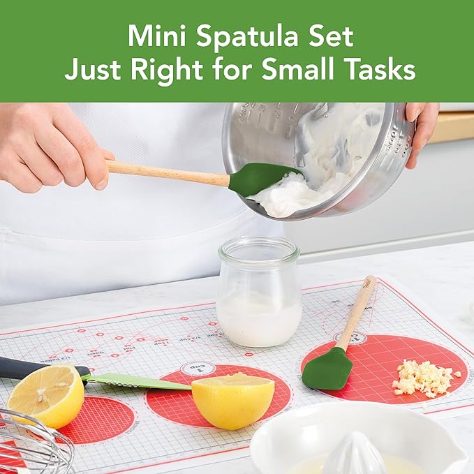 Tovolo Mini Spoon Spatula Wooden Handle Set for Cooking & Baking, Heat Resistant Safe for Cast Iron BPA Free Silicone Mixing Tool Natural Wood Perfect for Scraper Mixing Spooning, Pesto Green