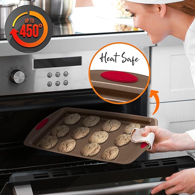 NutriChef 2-Piece Baking Pan Set - Premium Non-Stick Coating Carbon Steel Bakeware w/ Silicone Handles - PFOA, PFOS, PTFE Free Kitchen Oven Bake Tray, Cookie Sheets - Bronze, 17.3"x11.4"x1.2"